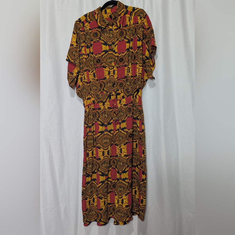Vintage Brown and Orange Tribal Print Sheath Midi Dress Sz Large